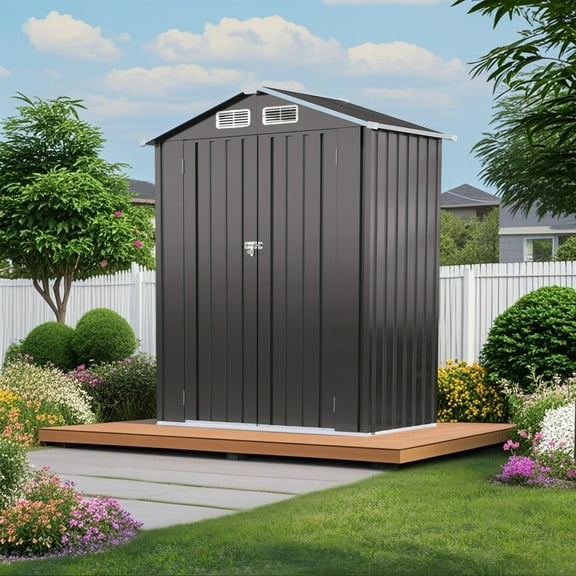 DECMAY 5x3 FT Metal Outdoor Storage Shed, Waterproof Lockable Tool Shed with Peaked Roof for Garden, Patio, and Backyard Organization, Gray