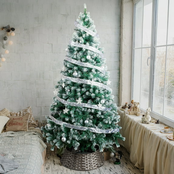 DECMAY 7.5 FT Snow Tipped Artificial Christmas Tree with 350 Warm White Lights, Remote Control, Silver Ribbon Ornaments & Fence Tree Skirt, Green PVC Hinged Xmas Tree
