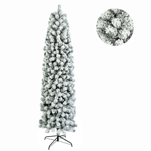 DECMAY 7.5FT Pencil Flocked Christmas Tree, Slim Artificial Xmas Tree with Snow Flocked PVC Branches and Sturdy Metal Stand for Holiday Home Decoration