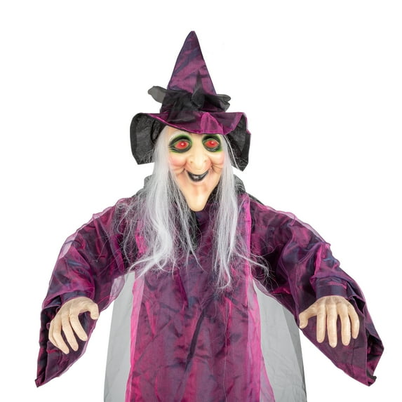 DECMAY 71in Life Size Hanging Witch Halloween Decoration with Talking Voice, Light-Up Eyes & Sound Sensor