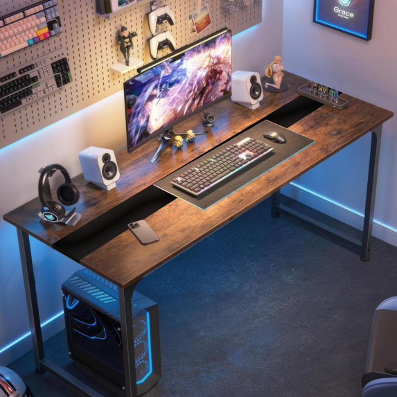 DECMAY Computer Desk Large Office Desk, Gaming Desk Writing Desk Work Desk for Home Office, Study, Modern Simple Wooden Desk, Large Legroom, Metal Frame, Rustic/Black