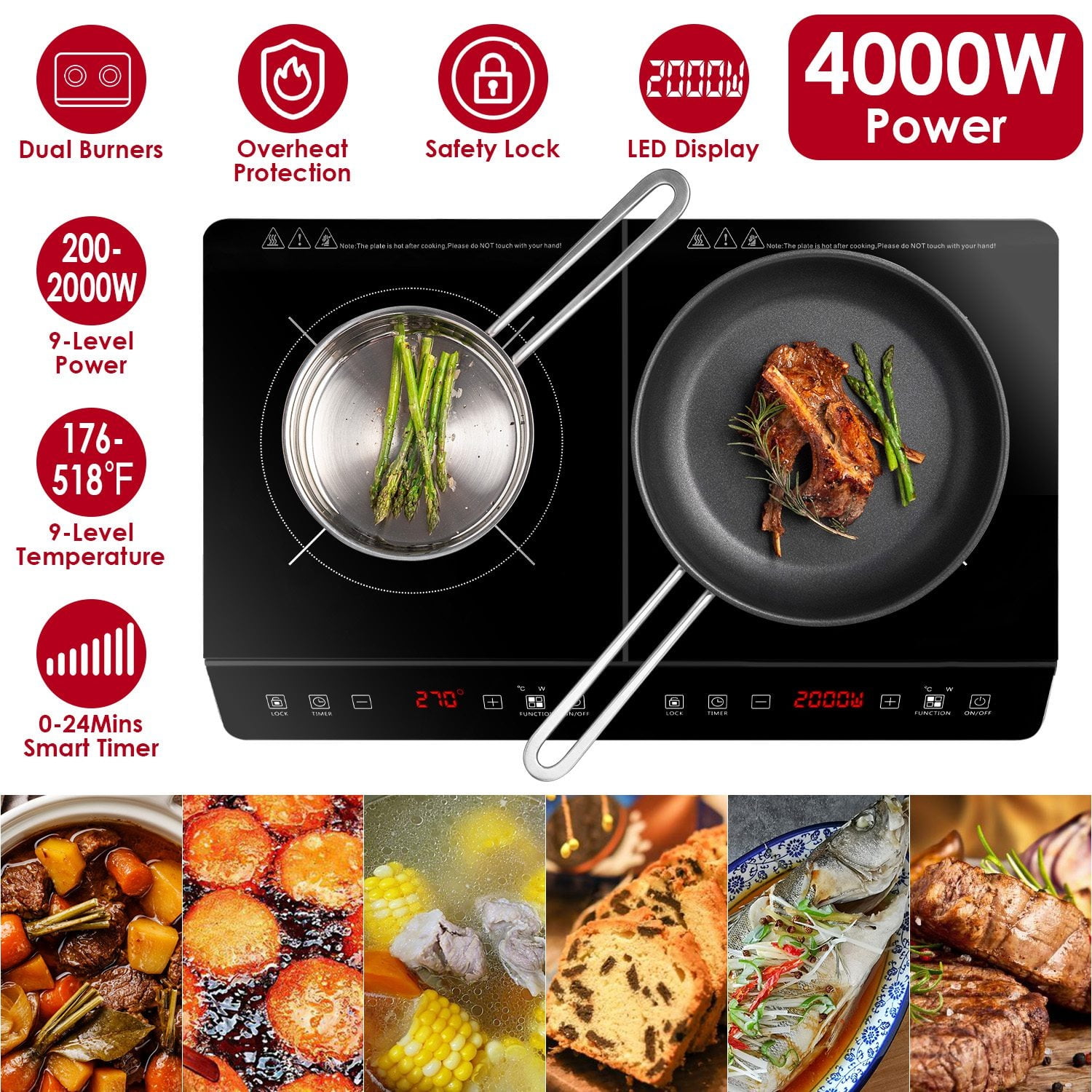 DECMAY Double Induction Cooktop,  Portable Dual Countertop Burner with Sensor Touch, 4000W  Induction Cooktop 2 Burner, Electric Countertop Cooker with 9 Temp & Power Levels, 3-Hour Timer,Safety Lock
