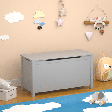 DECMAY Kids Wooden Toy Box Storage with Safety Hinged Lid for Ages 2+