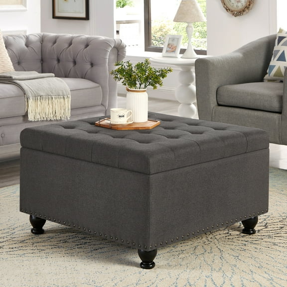 DECMAY Large Square Storage Ottoman with Wooden Legs, Upholstered Button Tufted Coffee Table with Nail Trims for Living Space