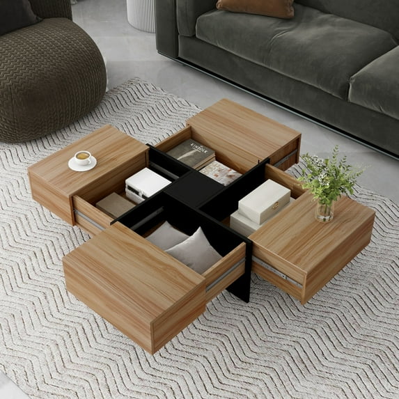 DECMAY Modern Square Coffee Table with 4 Hidden Storage Compartments, Extendable Sliding Tabletop, UV High-Gloss Finish, 31.5"x31.5"