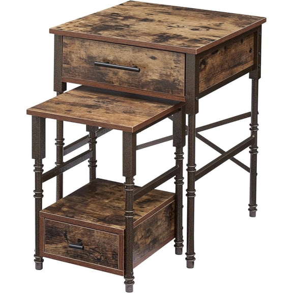 DECMAY Nesting End Tables with Drawers | Metal Frame & Wooden Top, Stackable Small & Large Side Tables for Living Room, Bedroom, Sofa Side (Brown)