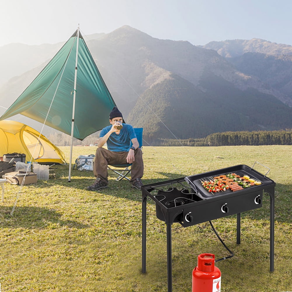 DECMAY Outdoor Camp Stove 3-Burner High Pressure Propane Gas Cooker, 225000 BTU Cast Iron
