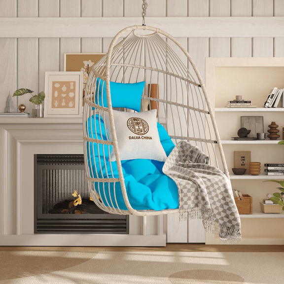 DECMAY Outdoor Rattan Egg Swing Chair, Foldable Hanging Chair with Cushion and Suspension Kit