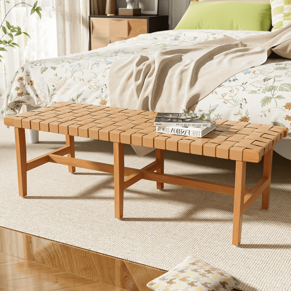 DECMAY Stylish Acacia Wood Bedroom Bench with Woven PU Leather Seat
