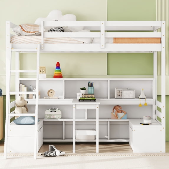 DECMAY Twin Loft Bed With Storage Shelves, Drawers, Seat And Desk For Grey Color