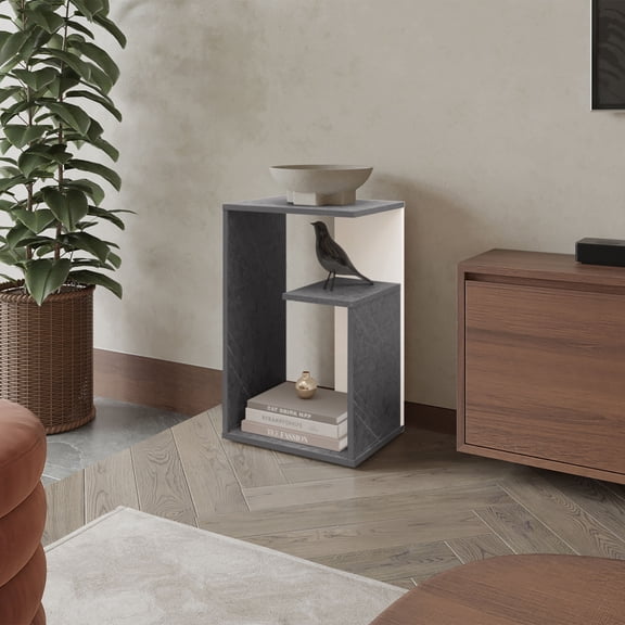 DECMAY Vega Side Table in Melamine with Open Storage,Onix and White