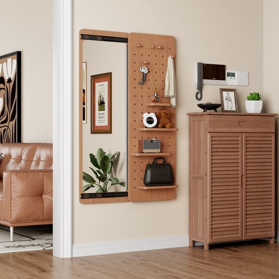 DECMAY Wall-Mounted Full-Length Mirror with Sliding Panel | 47.6" x 15.7" Space-Saving Push-Pull Design with Display Shelf & Hooks for Bedroom, Living Room, Entryway