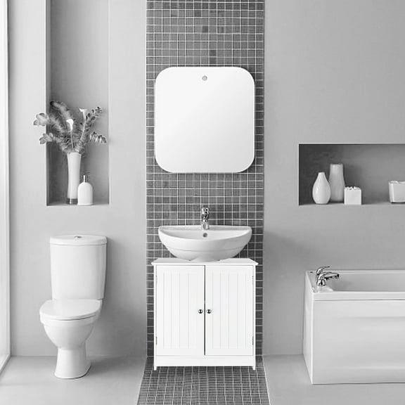 DECMAY White Bathroom Under Sink Storage Cabinet - Waterproof MDF Cabinet with Slatted Doors & Internal Shelves, Space-Saving Bathroom Organizer, 23.6"11.4"23.6"