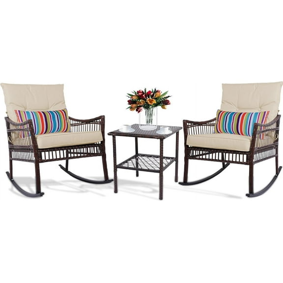 DECMICO 3 Pieces Patio Furniture Set, Wicker Rocking Chairs Bistro Set with Coffee Table, Outdoor Conversation Set for Garden and Balcony (Brown Rattan Beige Cushion)