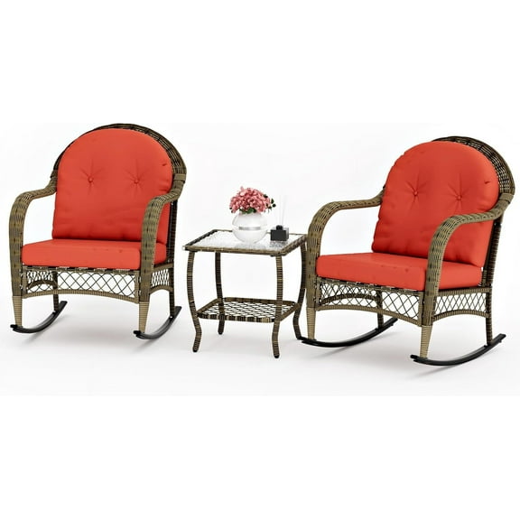 DECMICO Wicker Rocking Chair Set of 2, 3 Piece Patio Furniture Set, Outdoor Conversation Bistro Set with Cushions and Side Table for Backyard, Garden, Red