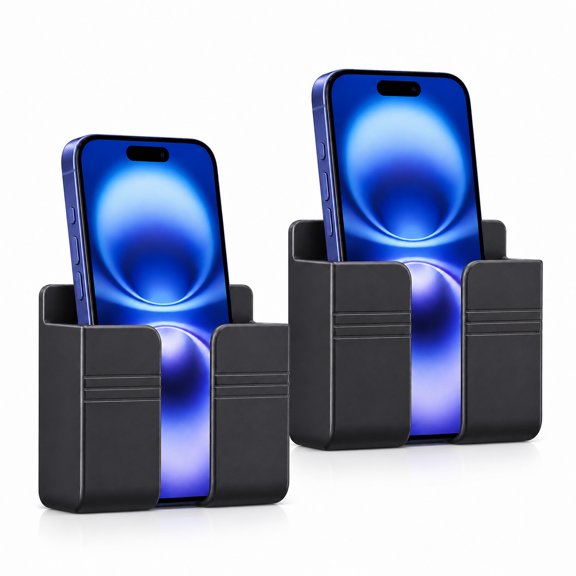 DECOBAY 2 Pack Wall Mount Phone Holder with Data Cable Receiving Hole Adhesive Remote Control Storage Box (D1-Gray)