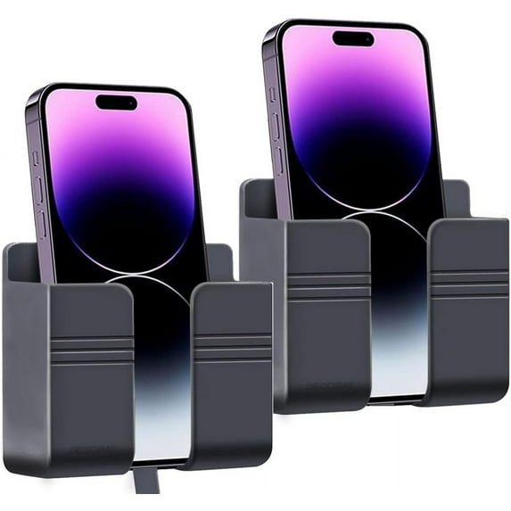 DECOBAY 2 Pack Wall Mount Phone Holder with Data Cable Receiving Hole Adhesive Remote Control Storage Box (D1-Gray)
