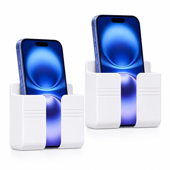 DECOBAY 2 Pack Wall Mount Phone Holder with Data Cable Receiving Hole Adhesive Remote Control Storage Box (D1-White)