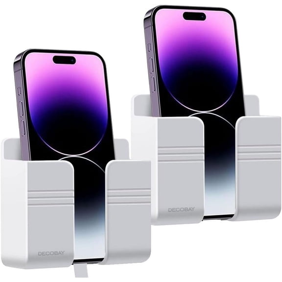 DECOBAY 2 Pack Wall Mount Phone Holder with Data Cable Receiving Hole Adhesive Remote Control Storage Box (D1-White)