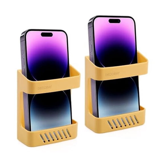 DECOBAY D5 2 Pack Wall Mount Phone Holder with Charging Cable Slot, Adhesive Remote Control and Phone Storage Organizer, Yellow