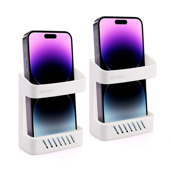 DECOBAY D5 2 Pack Wall Mount Phone Holder, Phone Stand with Cable Charging Hole, Compatible with iPhone, TV Remote, Smartphone, Bedside Wall Caddy Remote Box Adhesive Multipurpose Storage Box (White)