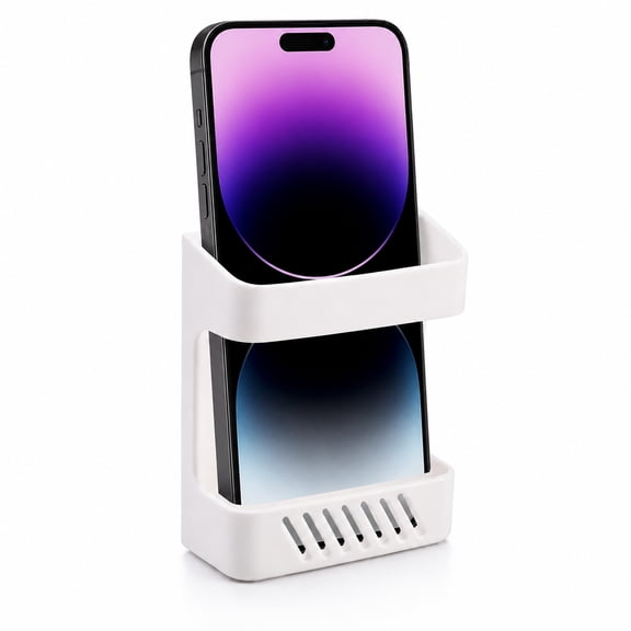 DECOBAY D5 Wall Mount Phone Holder with Charging Cable Slot, Adhesive Remote Control and Phone Storage Organizer, White