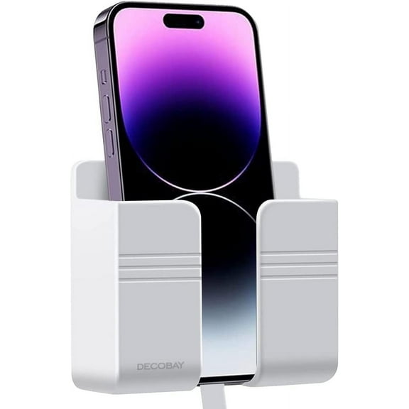 DECOBAY Wall Mount Phone Holder with Data Cable Receiving Hole Adhesive Remote Control Storage Box (D1-White)