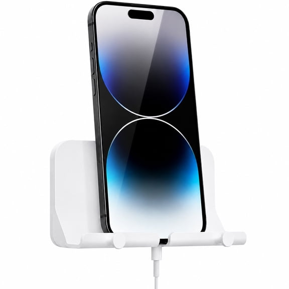 DECOBAY Adhesive Wall Mount Phone Holder with Charging Cable Slot, Remote Control Storage Organizer for Bedroom, Bathroom, Office, White