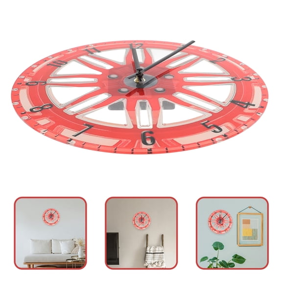 DECOMELODY 1Set Car Wheel Wall Clock Red Acrylic 30.00X30.00X4.00Cm For Bedroom Decor