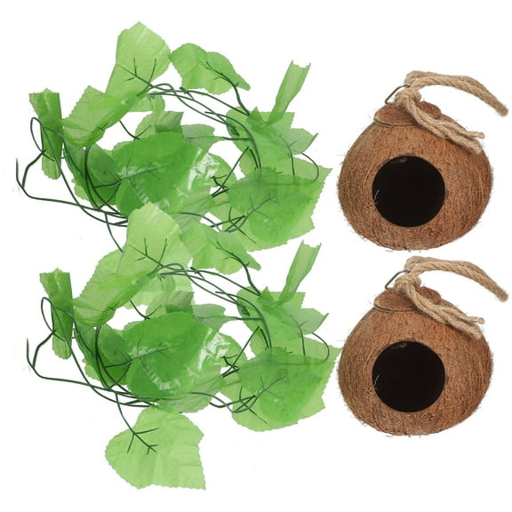 DECOMELODY 4Pcs Coconut Shell Small Pet Nest Reptile Nest House Imitation Grass 6.68X5.11X5.11in