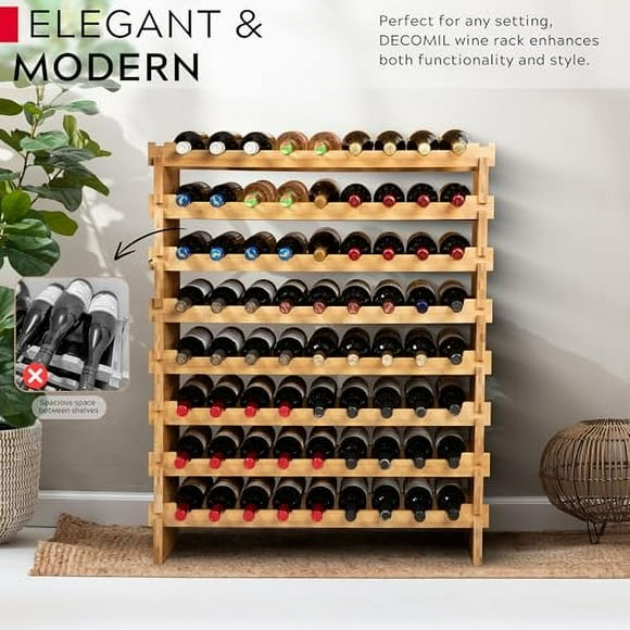 DECOMIL - 36 Bottle Large Wine Rack, Stackable & Modular Wine Storage Rack, Solid Bamboo Wine Holder Display Shelves, Wobble-Free (Four-Tier, 36 Bottle Capacity)