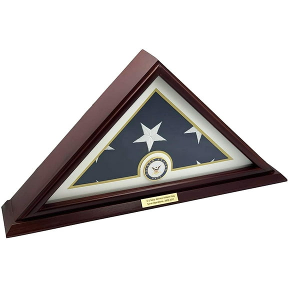 DECOMIL 5x9 Flag Display Case for American Veteran Burial Flag - Solid Wood, Cherry Finish, Small Base - 4 Armed Forces Emblems - Navy - Customize Name Tag