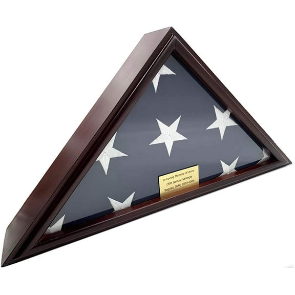DECOMIL 5x9 Flag Display Case for American Veteran Burial Flag - Solid Wood, Cherry Finish, Flat Base - Customize Name Plate