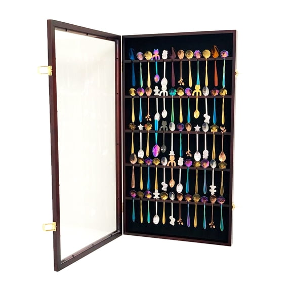 DECOMIL - 60 Spoon Rack Display Case Holder Wall Cabinet, UV Protection, Lockable (Cherry Finish)