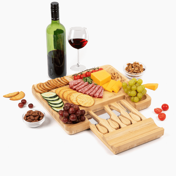 DECOMIL Bamboo Cheese Board with Knife Set, Hidden Drawer, Perfect Charcuterie Board for Serving, Housewarming & Wedding Gift, 13.5" x 11.5"