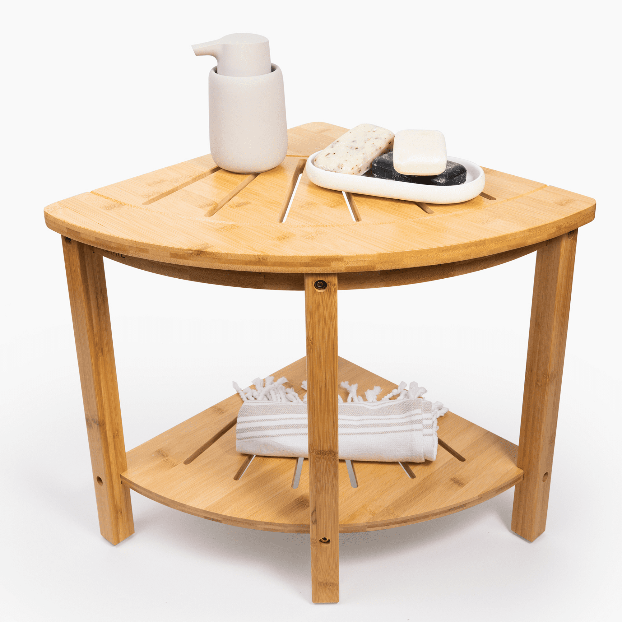 DECOMIL Bamboo Corner Shower Bench with Shelf, Water-Resistant Wooden Bench for Inside Shower, Non-Slip Feet, Perfect for Bathroom Storage