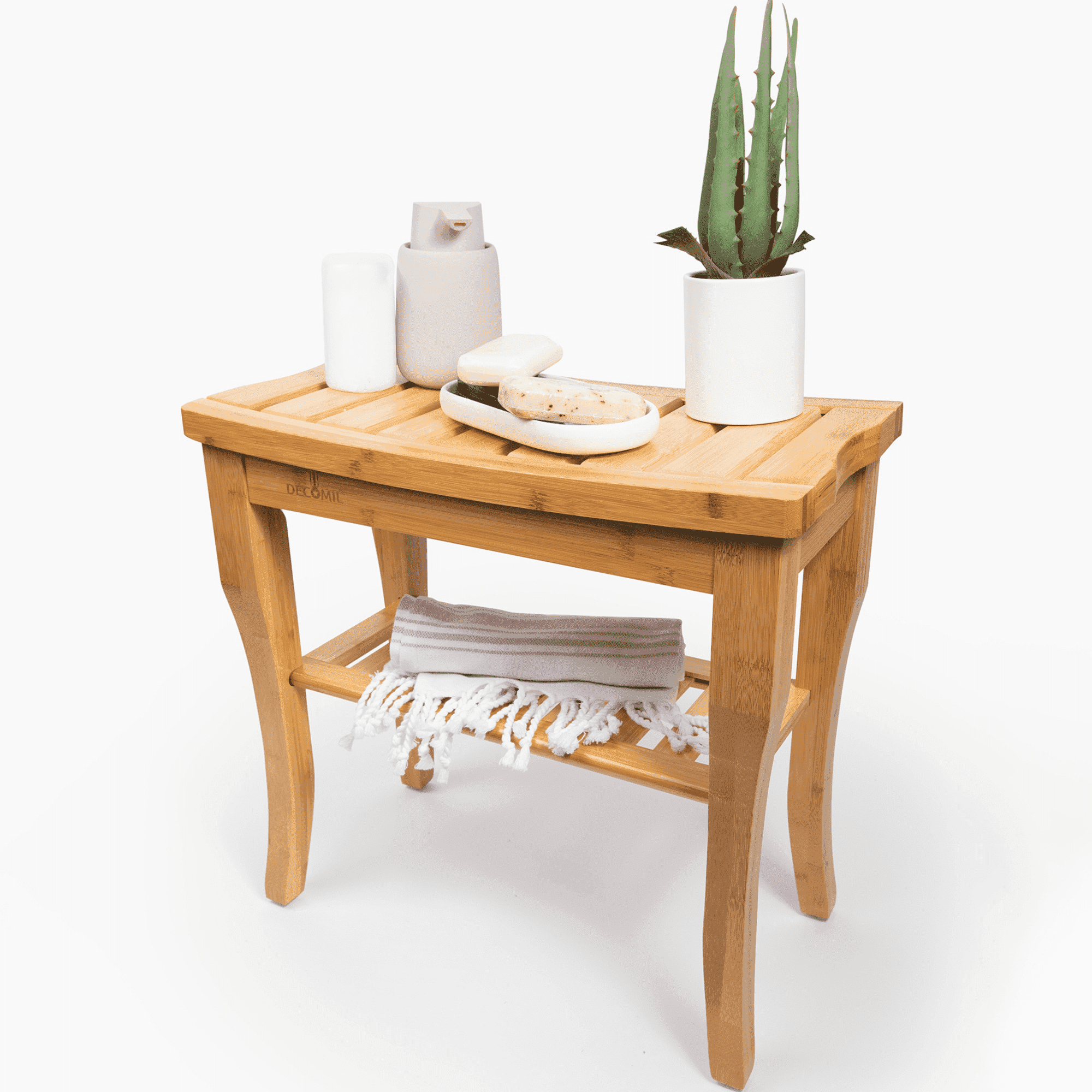 DECOMIL Bamboo Shower Stool with Non-Slip Feet, Durable Bathroom Bench for Inside Shower, Natural Wooden Bathroom Accessory, 19"x18"x10", Water-Resistant