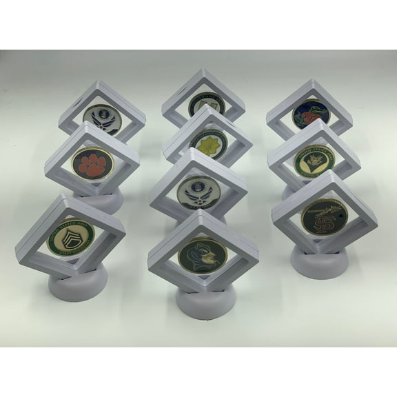 DECOMIL Coin Display Stand - Set of 10 3D Floating Frame Display Holder with Stands for Challenge Coins, AA Medallions, Jewelry, 2.75 x 2.75 x 0.75 Inches (10, White)