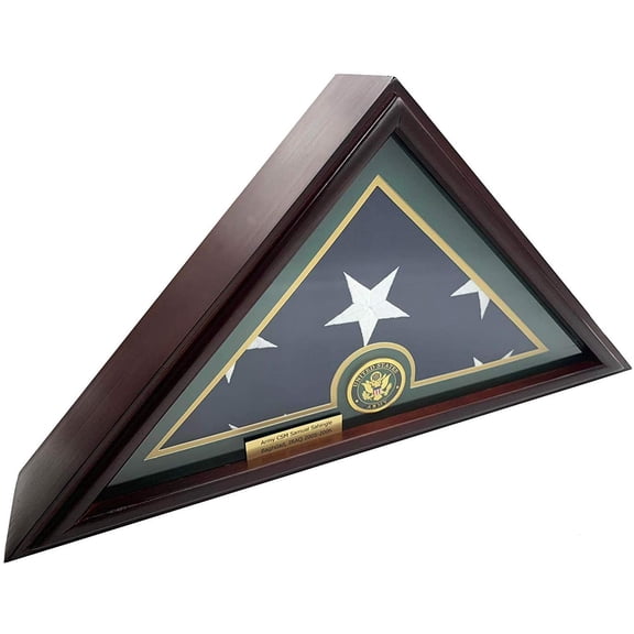 DECOMIL Flat Base 5x9 Flag Display Case for American Veteran Burial Flag - Solid Wood, Cherry Finish, Flag, with A Customized Name Plate, Army