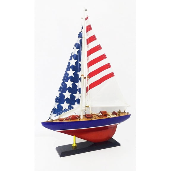 DECOMIL Handmade Wooden Sailing Boat with American Flag