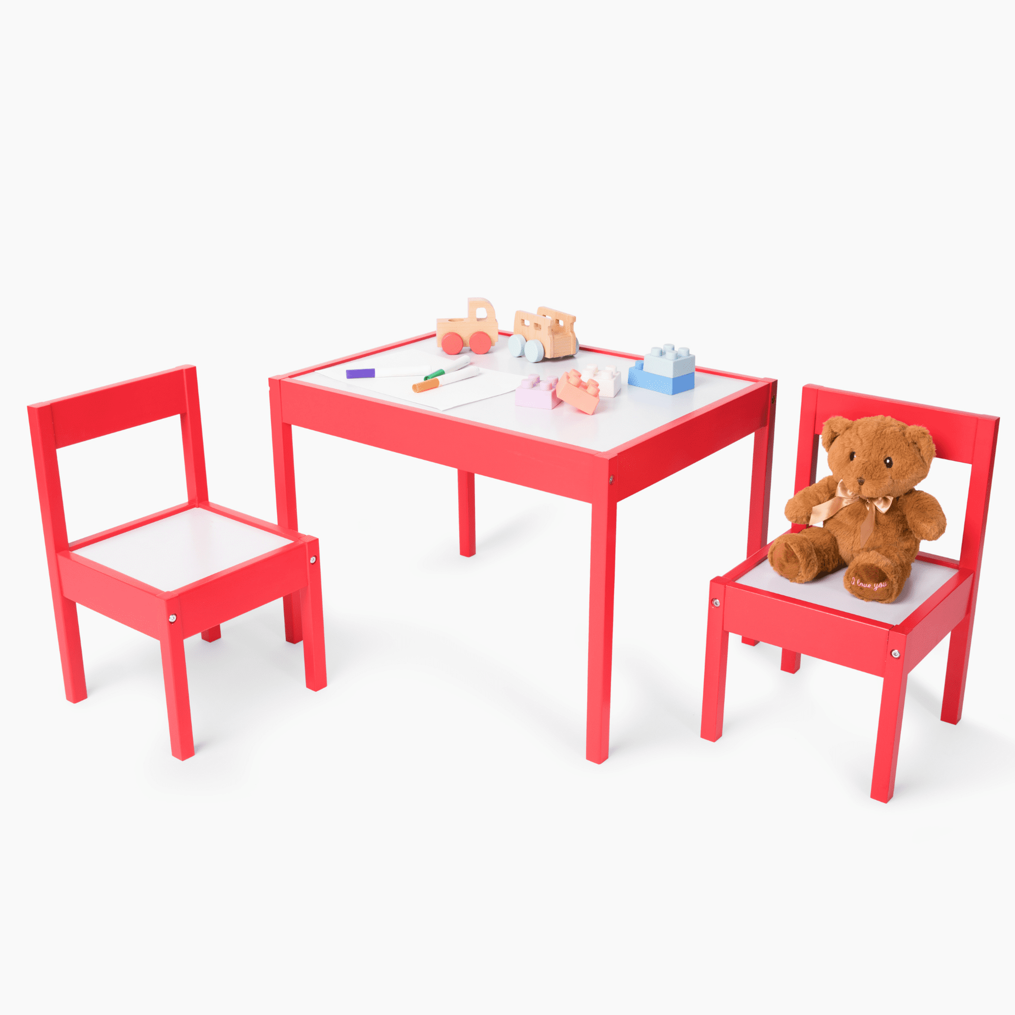 DECOMIL Kids Wooden Table and Chairs, 3 Pieces Set Includes 2 Chairs and 1 Activity Table, Picnic Table with Chairs (Red)