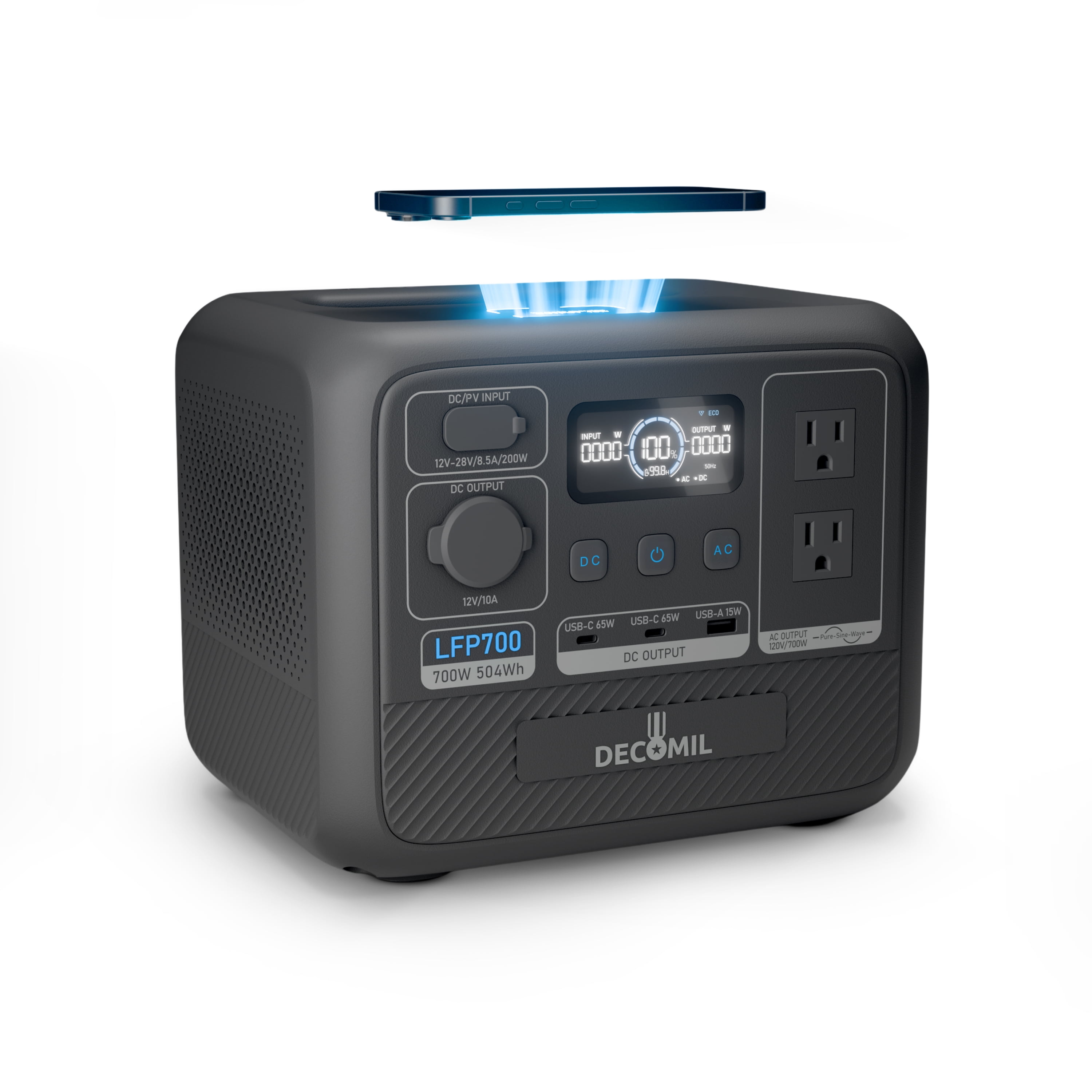 DECOMIL LFP700 Portable Power Station, 504Wh LiFePO4 Battery, 700W (1200W Surge), Solar Generator