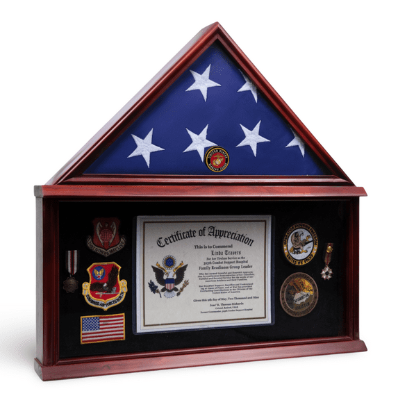 DECOMIL - Large Military Shadow Box Frame Memorial Burial Funeral Flag Display Case for 5x9 Flag, Solid Wood (Mahogany) (Marine)