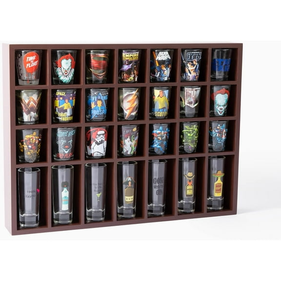 DECOMIL Shot Glass Display Case for Wall & Free Standing, Shot Glass Holder for Tall Shot Glasses/Shooter Display, for 28 Glass, Solid Wood, Shot Glass Display Rack Without Door