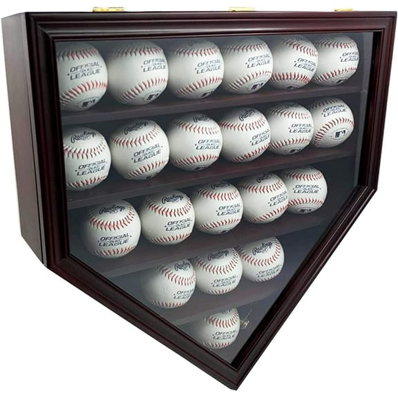DECOMIL Solid Wood 21 Baseball Display Case Wall Cabinet Holder Shadow Box, Clear Glass, Lockable (CHERRY)