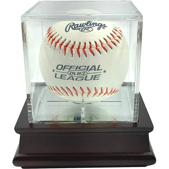 DECOMIL - UV Single Baseball Holder Display Holder, Case - UV Protection Acrylic Cube with Wooden Stand Cherry Finish