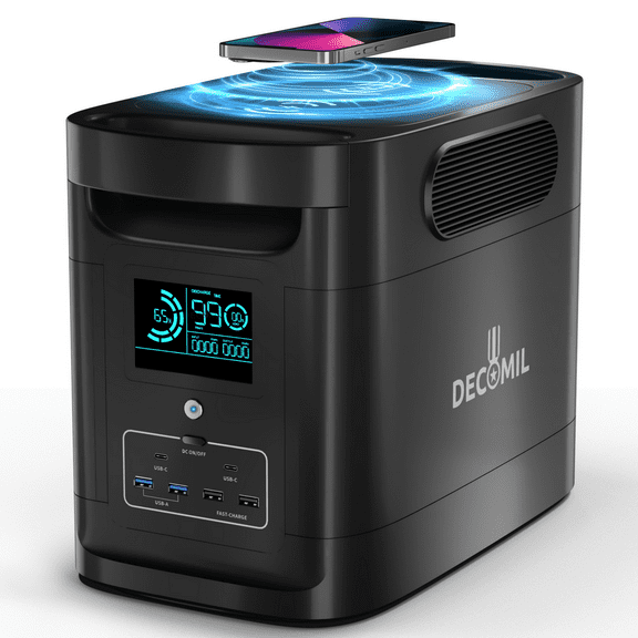 DECOMIL W1500 Portable Power Station, 1500W/1228Wh LiFePO4, 4 AC Outlets, Wireless Charging, 600W Solar Input, Pure Sine Wave, Camping & Home Backup Power