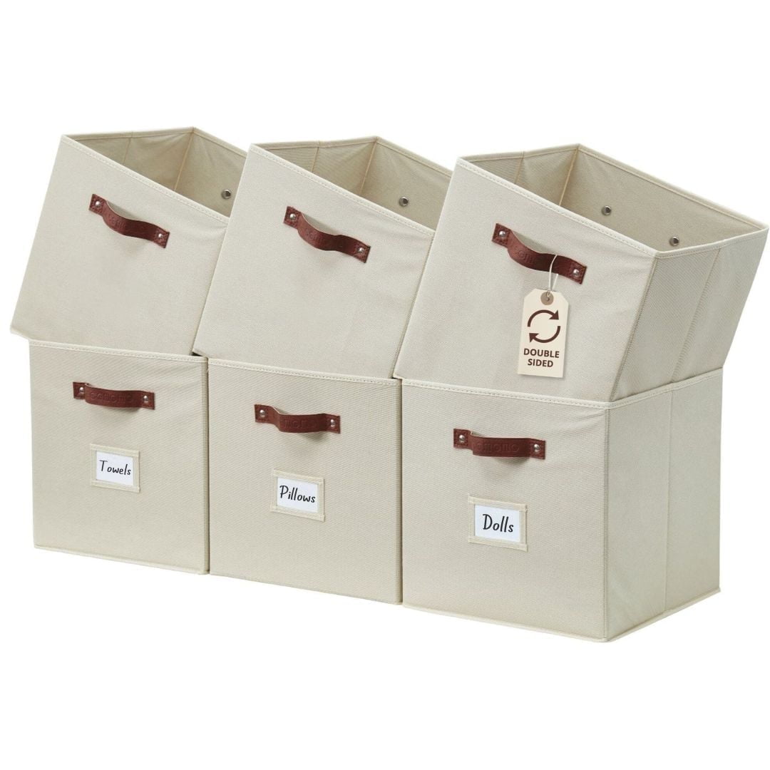 DECOMOMO 13 inch Cube Storage Bin, Fabric Cube, Storage Bin (Beige, Set of 6)