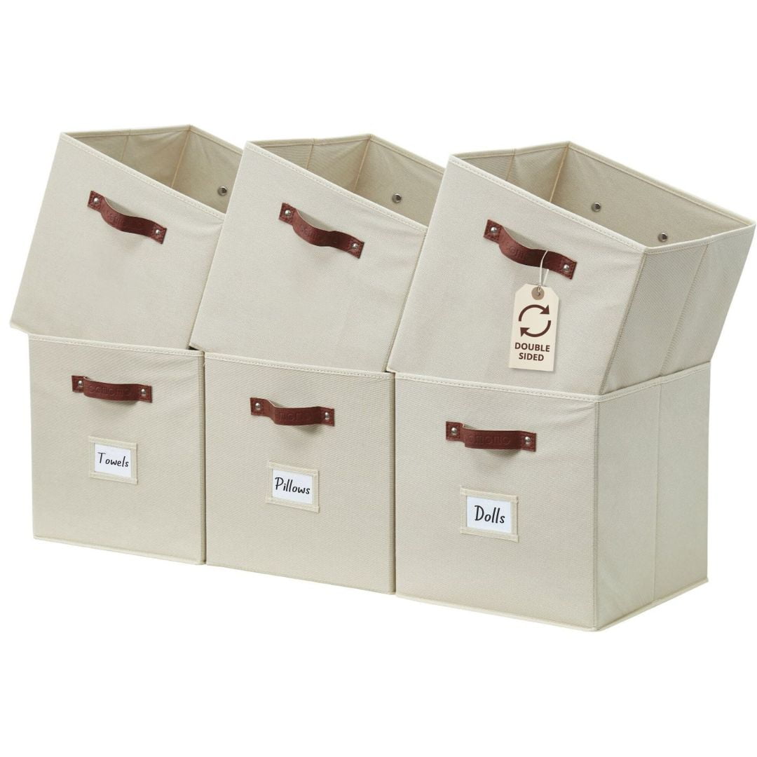 Beige Fabric Cube Storage Bins with Handles, Set of 6