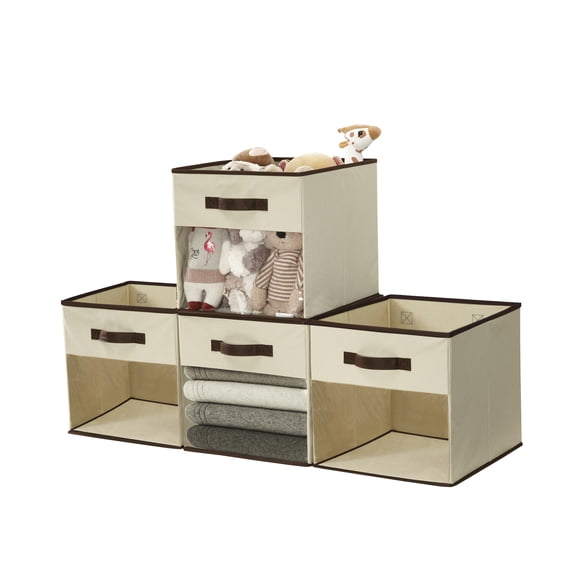 DECOMOMO 13x15x13 Large Cube Storage Bin, Clear Fabric Storage Bin, Organizing Cubes (Beige, Set of 4)